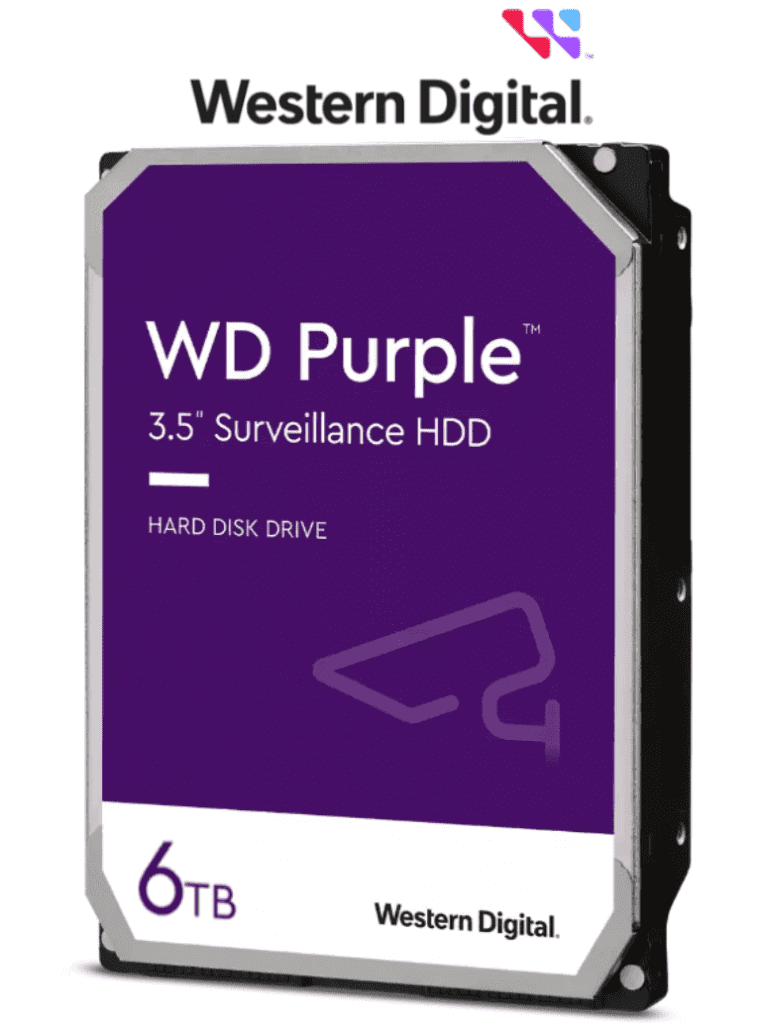 WESTERN WD63PURZ- Disco Duro de 6 TB Purple/ Especial para Videovigilancia/ Trabajo 24/7/ Interface: Sata 6 Gb/s/ Cache 256 MB/ Hasta 64 Cámaras/ Hasta 16 Bahías de Discos Duros/ 3 Años de Garantía/ #PremiosTVC