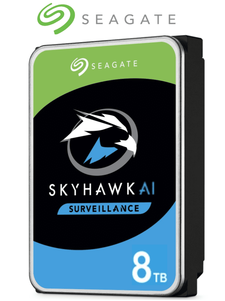 SEAGATE ST8000VE001- Disco Duro de 8TB SkyHawk AI/ Especial para Videovigilancia/ Compatibles con DVRs y NVRs con IA/ Hasta 32 Canales con IA/ Hasta 64 Cámaras/ 235MB/s/ Hasta 16 Bahías/