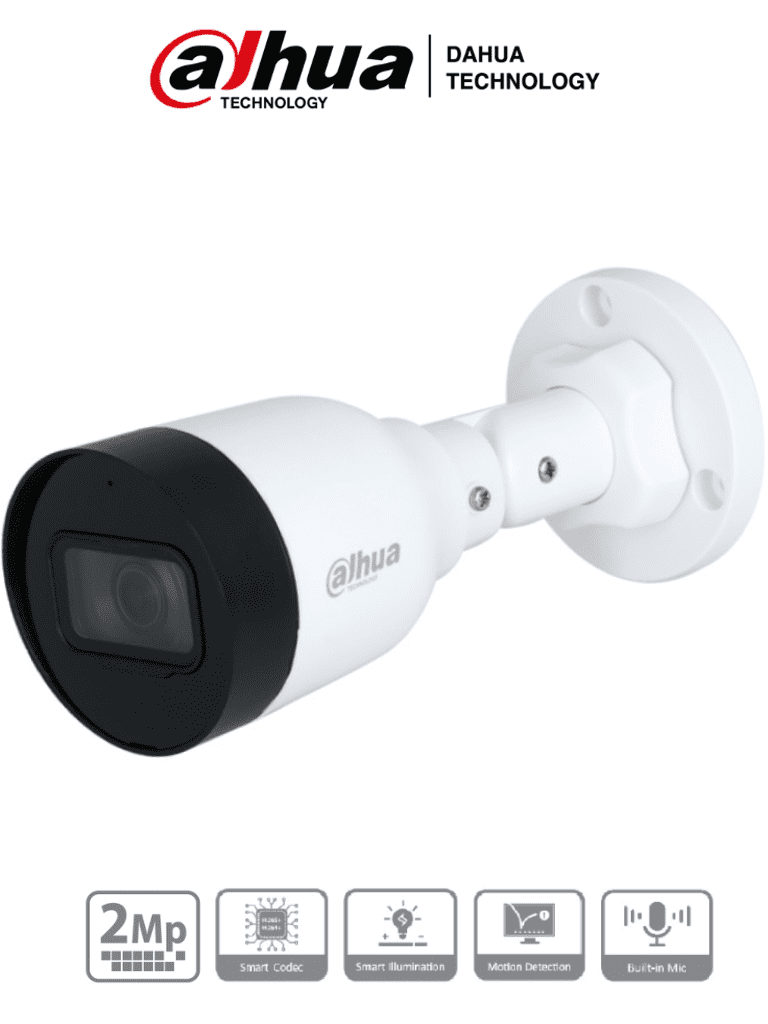 DAHUA IPC-HFW1230S1-A-S5 - Camara IP Bullet de 2 Megapixeles/ Lente de 2.8mm/ 102 Grados de Apertura/ Micrófono Integrado/ H.265+/  IR de 30 Metros/ IP67/ PoE/ DWDR/