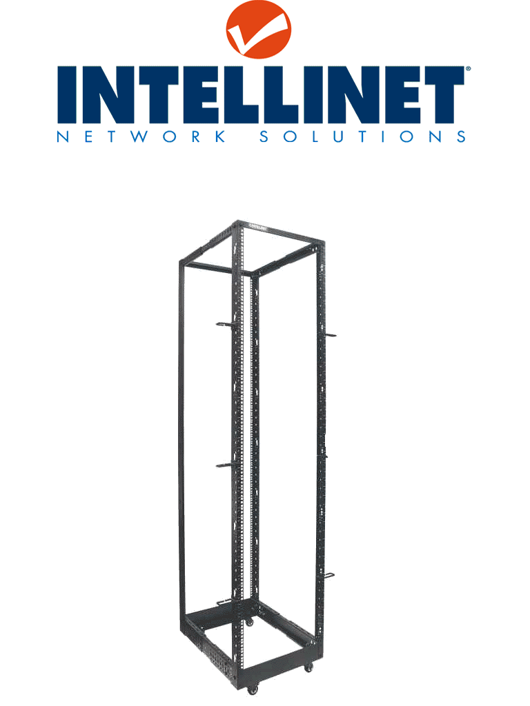 INTELLINET 714259 - Rack abierto de 4 postes de 19" / 45UR / Profundidad Ajustable desde 55.8 a 101.6 cm / Opción de usar ruedas, pies o atornillar al piso / Color negro