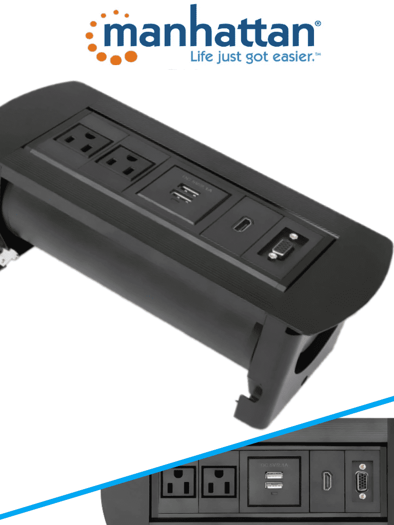 MANHATTAN 164832 - Caja de Conexiones para Escritorio de Apertura Giratoria/ 1 Puerto HDMI con Conexión de Paso/ 2 Contactos Electricos/ 2 puertos USB-A con LED y 1 salida de hasta 2.1A / 5 VDC/ 1 Puerto VGA/