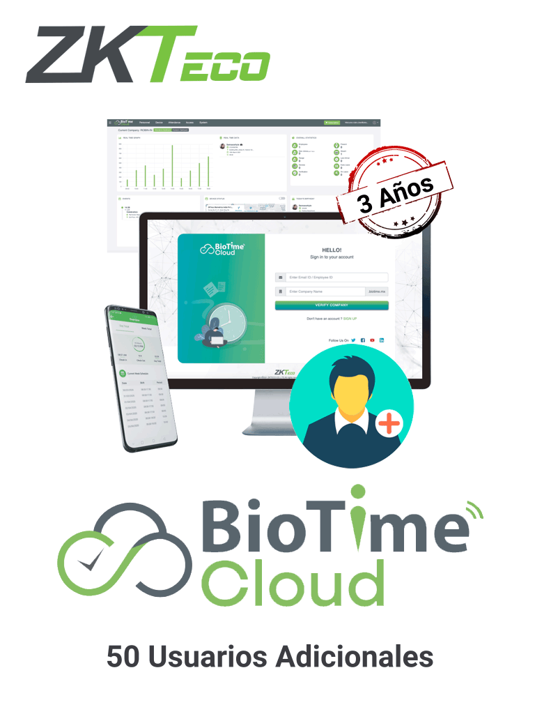 ZKTECO BIOTIMECLOUDADDUSER50 - Licencia de incremento para 50 usuarios adicionales para BioTime Cloud de 3 años / Se requiere licencia base para su activación