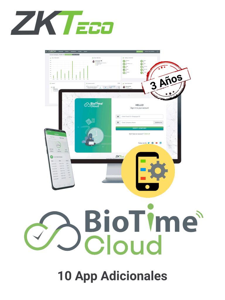 ZKTECO BIOTIMECLOUDADDAPP10 - Licencia de incremento para 10 puntos de aplicación para BioTime Cloud / 3 años