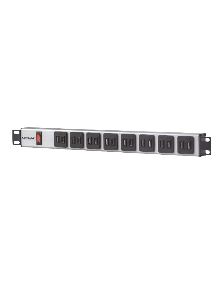INTELLINET 164603  Barra multicontacto con 16 salidas USB Tipo A para rack de 19" (NEMA 5-15) / Con interruptor de alimentación para protección de sobrecarga, 2,1 A máx. por módulo, cable de alimentación de 2 m (6,6 pies)