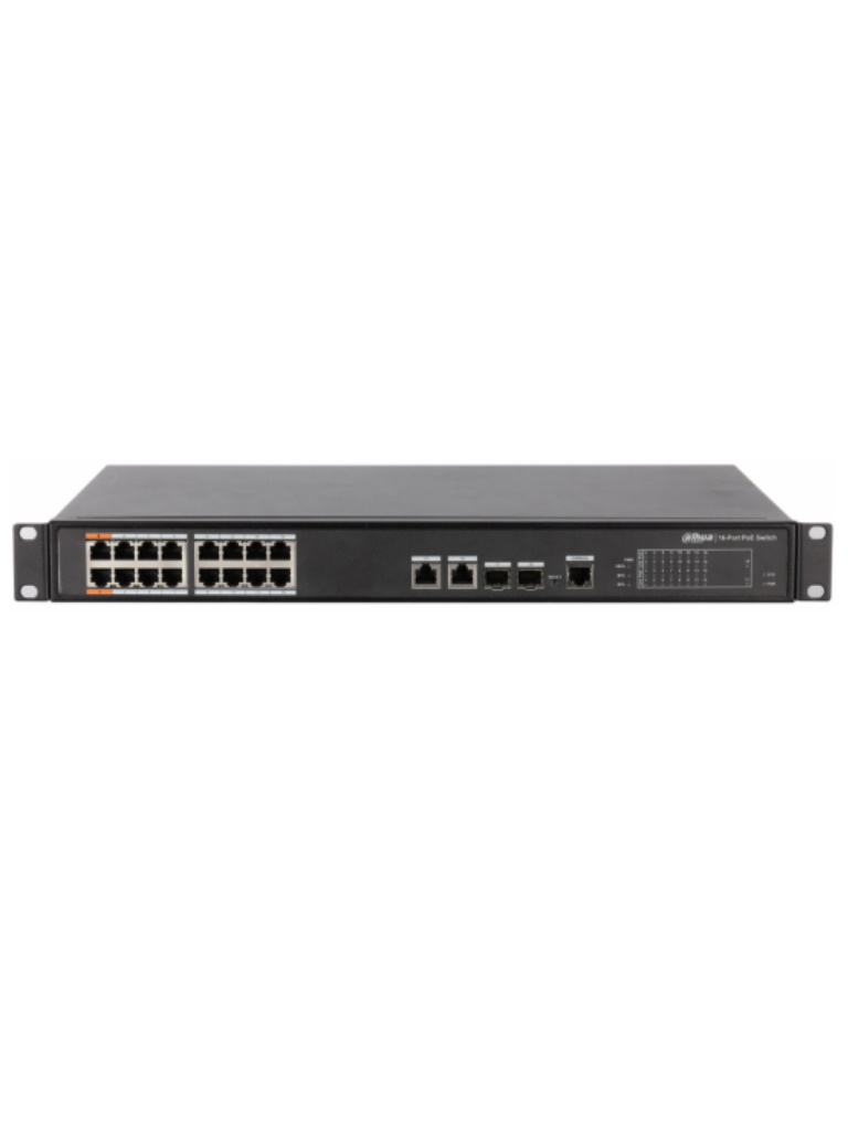 DAHUA  PFS4218P240 - Switch  PoE fast ethernet / Administrable capa 2 / 16 Puertos  PoE /  802.3af / AT / HI  PoE / 2 Puertos GE / 240 Watts / SWITCHING 8.8G