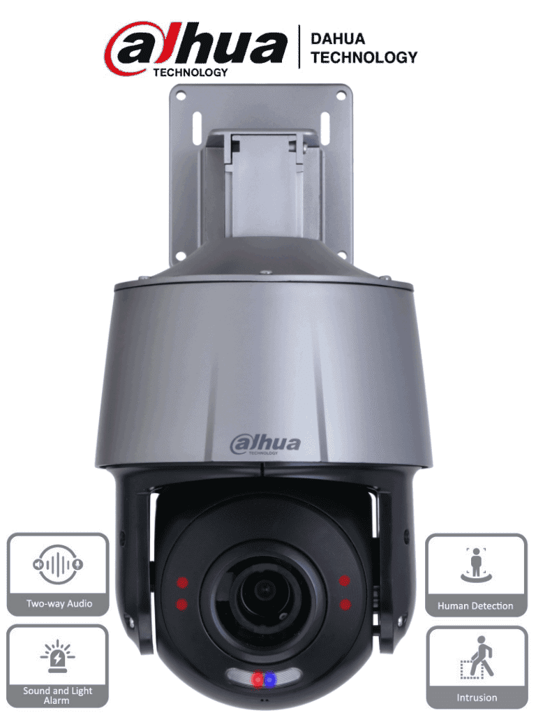 DAHUA SD3A405-GN-PV1 - PTZ IP DE 4 Megapixeles con 5x de Zoom Optico/ Disuasión Activa con Estrobo de Luz Roja y Azul/ H.265/ IR de 30 Metros/ Microfono y Altavoz Integrado/ Audio 2 Vías/ IVS/ Ranura para MicroSD/ IP66/ PoE/