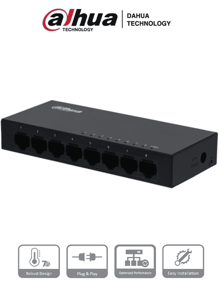 DAHUA PFS3008-8GT - Switch Gigabit de 8 Puertos No Administrable/ Capa 2/ 10/100/1000 Base-T/ Carcasa Metalica/ Diseño Compacto/ Switching 16G/ Tasa de Reenvio de Paquetes 11.9 Mbps/ Memoria Bufer de Paquetes 1.5Mb/ Con Protección de Descargas/
