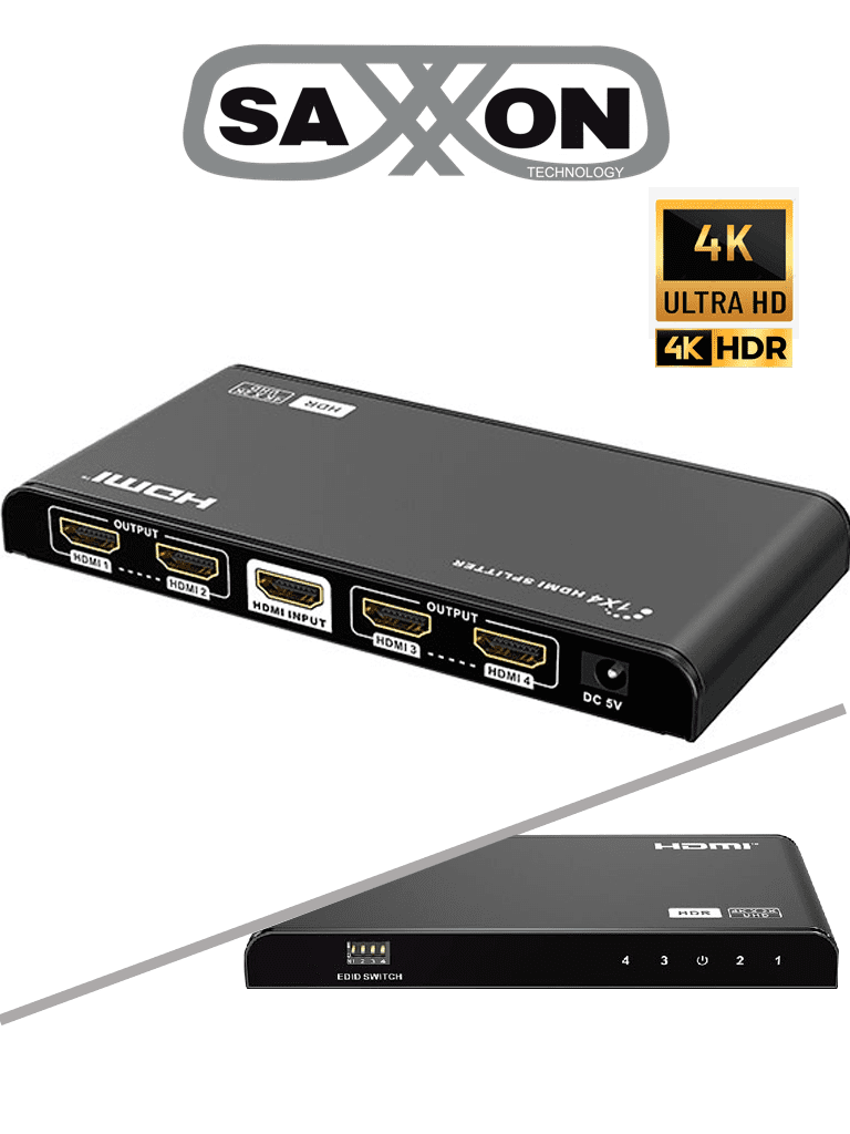 SAXXON LKV314HDR-V2.0 - Divisor HDMI 4K de 1 Entrada y 4 salidas /Soporta resolución 4K x 2K Ultra HD/ 1080P Full HD/ Soporte en HDR/ Distancia 5M en entrada y 5M en salidas/ Ajuste de resolución Switch EDID