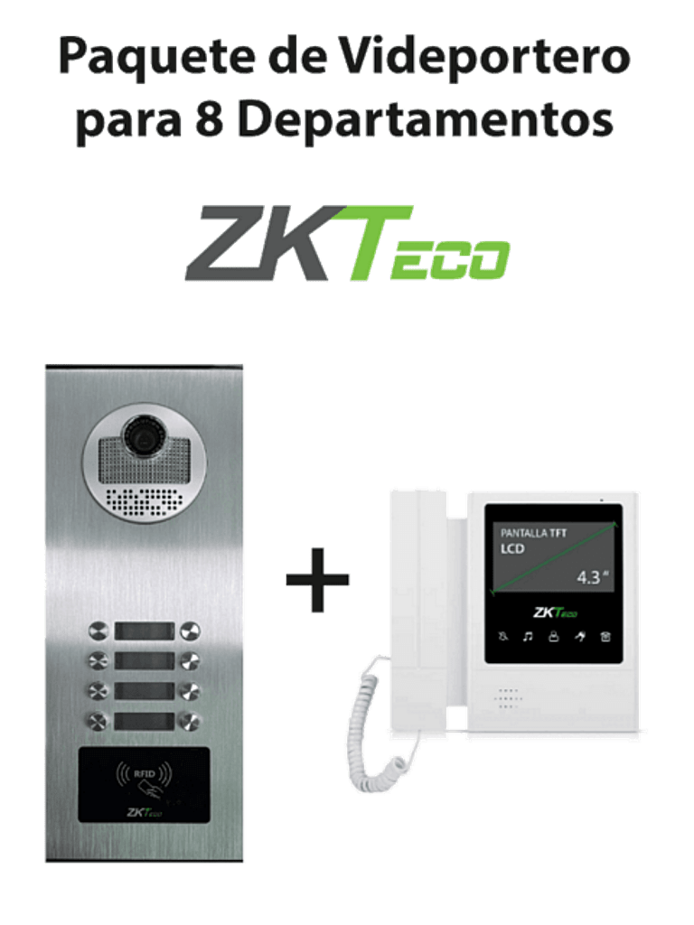 ZKTeco VE08A01PAQ4P - Paquete de Videoportero para 8 Departamentos VE08A01 con Monitor VDPIB4 de 4.3 pulgadas