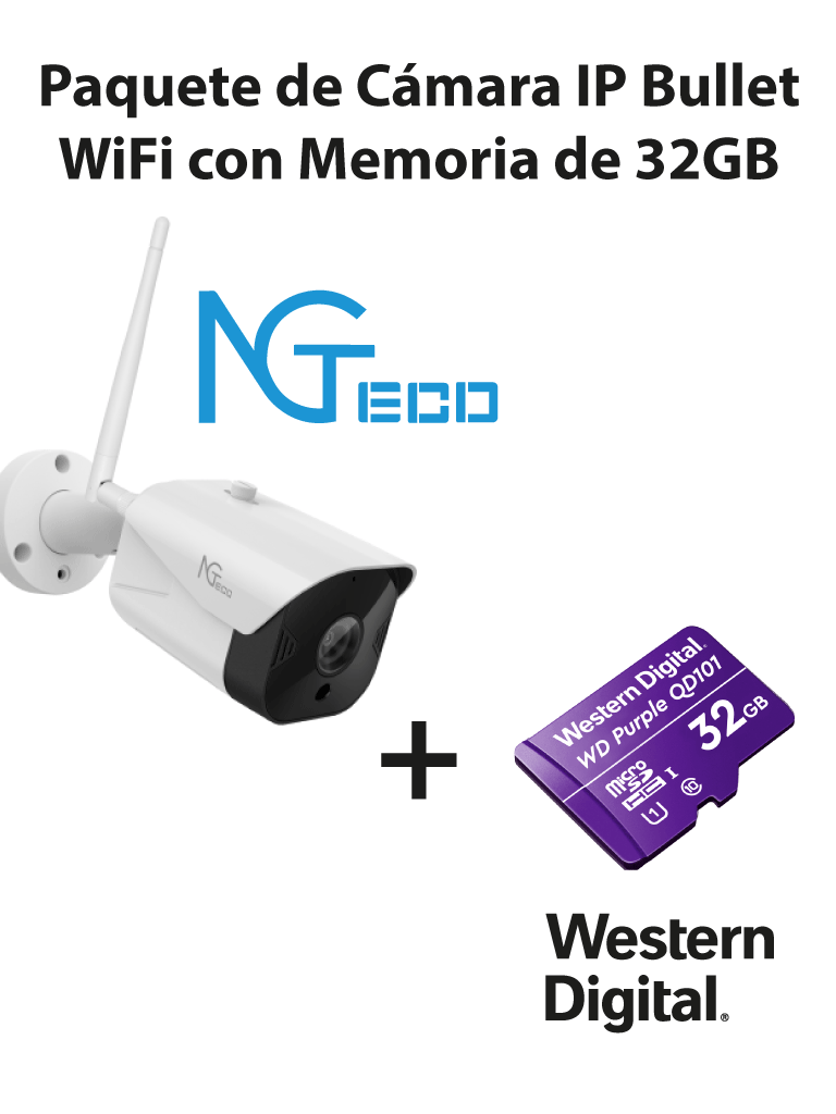 NGTECO NGC401PAK - Paquete de Cámara NGC401 IP Bullet WiFi 1080P con Memoria de 32GB Micro SDHC/ Linea Purple/ Clase 10 U1