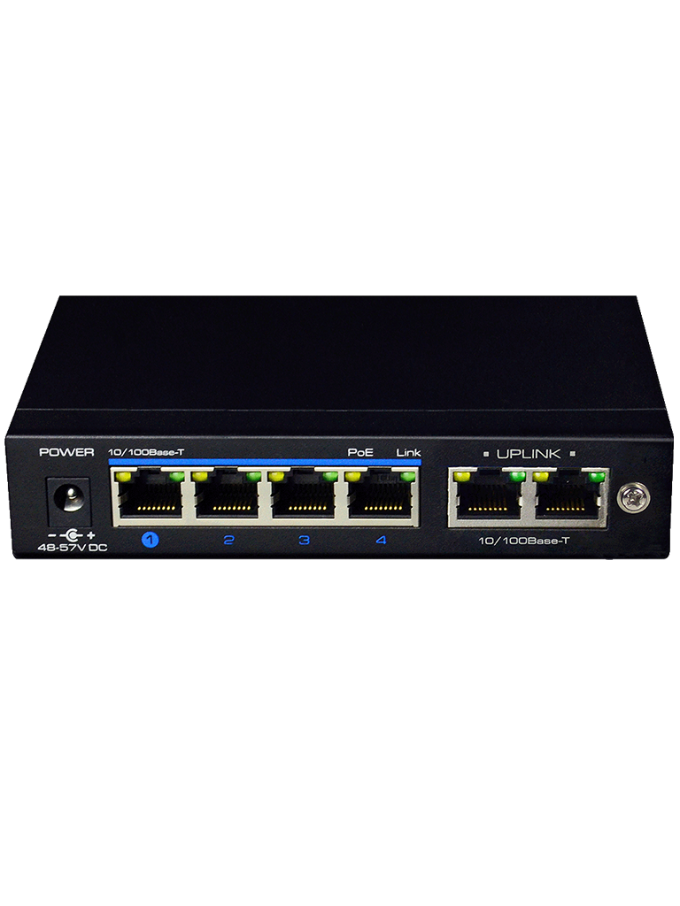 UTEPO UTP3SW04TP60 - Switch PoE de 6 Puertos Fast Ethernet/ 4 Puertos PoE/ 60 Watts Totales/  2 Puertos Uplink/ 802.3 AF&AT/ No administrable/ Modo CCTV/ #TERROR