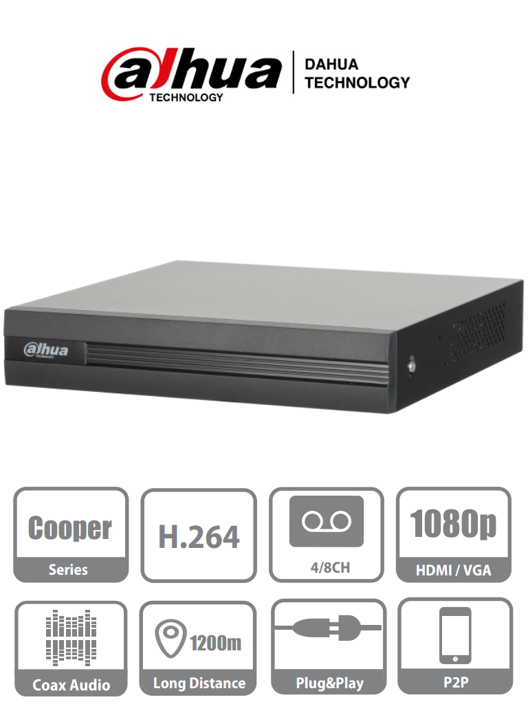 DAHUA COOPER XVR1A04 - DVR 4 Canales  HDCVI pentahibrido  1080p  Lite /  720p / H264 / 1 Ch IP adicional 4+1 / SATA Hasta 6TB / P2P / Smart audio  HDCVI