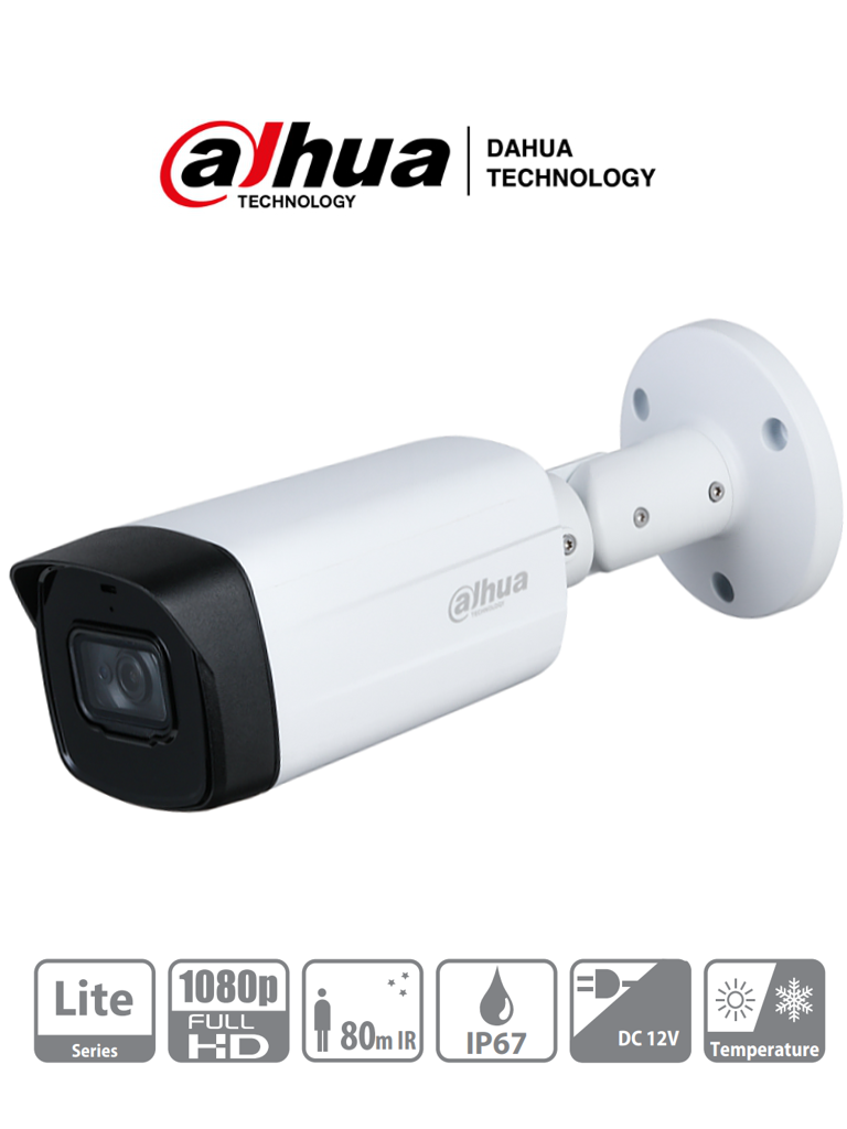 DAHUA HFW1200TH-I8 - Camara Bullet HDCVI 1080p/ Lente de 3.6mm/ Smart IR de 80 Mts/ IP67/ DWDR/ BLC/HCL/ Metal y Plastico