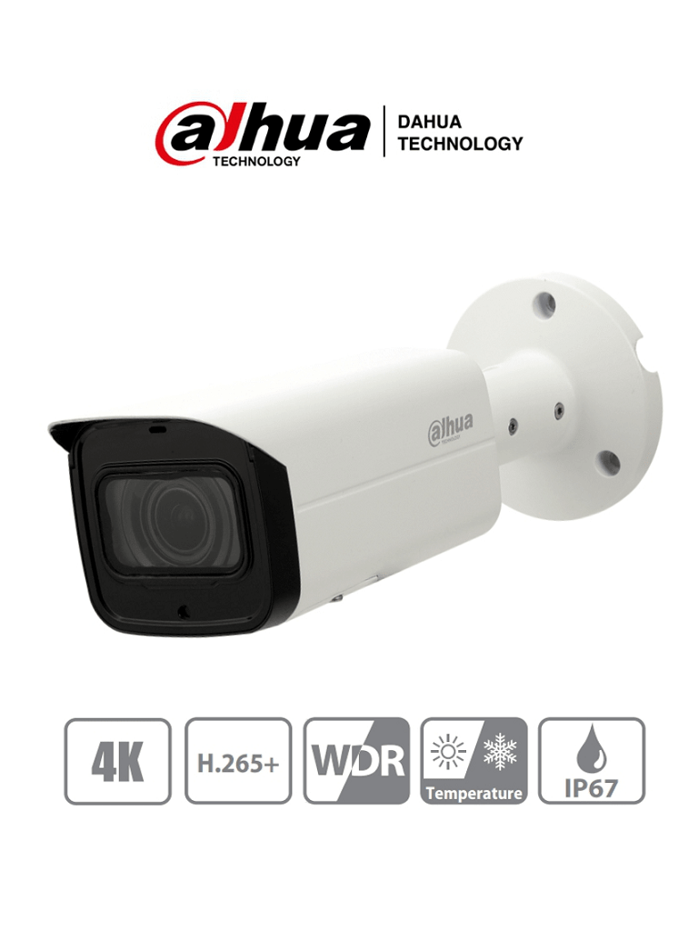 DAHUA IPC-HFW4831TN-ASE-0400B - Cámara IP Bullet 4K Resolución de 8 MP/ Lente 4 mm/  ∢ 88°/ IR 80 mts/ Starlight/ ePoE/ WDR/ H.265/ IP67/ IK10/ E&S Alarma/ E&S Audio/ 