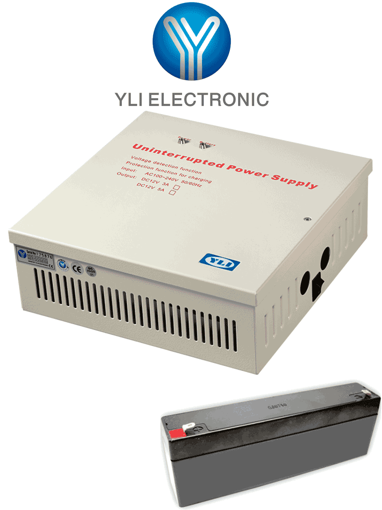 YLI YP902123PACK - Paquete de gabinete de energía con salida de 12VDC a 3Ah, incluye batería de respaldo de 12 VDC a 2.2 Ah ideal para control de acceso de un puerta