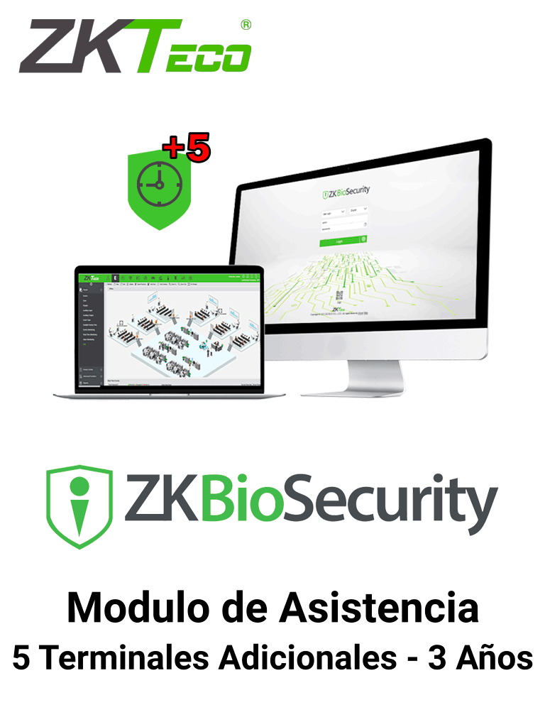 ZKTECO ZKBSTAADDONP53Y - Modulo de Asistencia para Agregar 5 Terminales adicionales en Biosecurity/ Arriba de 25 Terminales / Vigencia 3 Años