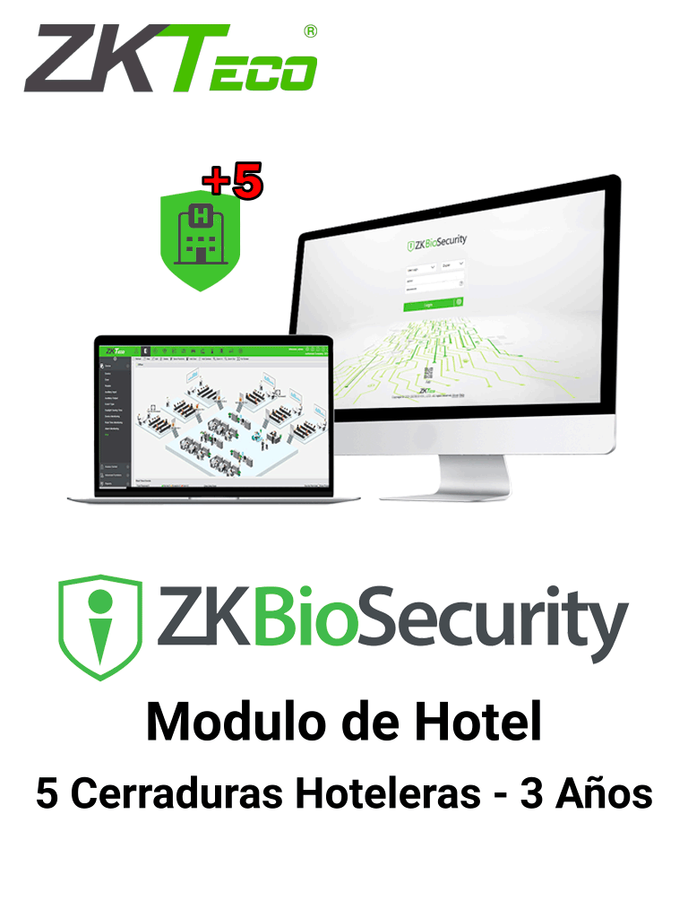 ZKTECO BSHOTEL5ADD3Y - Modulo Adicional de Hoteleria Biosecurity Capacidad 5 cerraduras Hoteleras / 3 Años / Requiere Licencia de 25, 50 o 100 Cerraduras  para poder funcionar