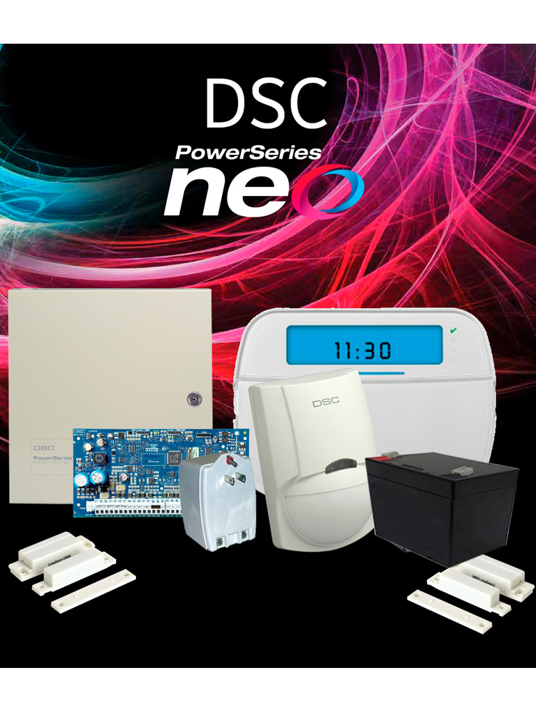 DSC NEO-ICON - Paquete SERIE NEO con panel HS2032 de 8 zonas cableadas expandible a 32 / Teclado de Iconos HS2ICN / Sensor PIR LC-100- PI Cableado / 2 contactos HO03 cableados / Batería 12vcd 4.5AH / Transformador / Gabinete GTVCMX003.