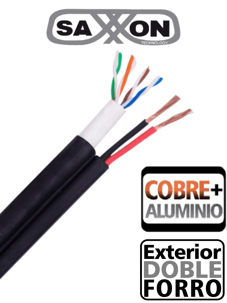 SAXXON OUTP5ECCAEXT2E - Bobina de Cable UTP Cat5e Siames/ 305 Metros/ Uso Exterior/ CCA/ UTP+Cables de Energía Cal. 18 AWG/ Doble Forro en Cable UTP/  Ideal para Cableado de Video/