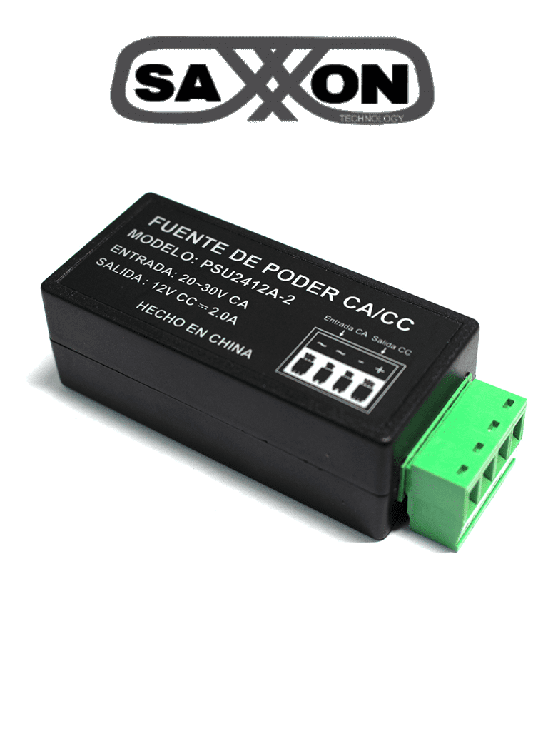 SAXXON PSU2412A2 - Convertidor de energia/ Corriente Alterna a Corriente Directa/ Voltaje de entrada 20V CA a 30V CA/ Voltaje de Salida 12V CD/ / 2 Ampere / Recomendable para alimentacion de camaras CCTV a larga distancia
