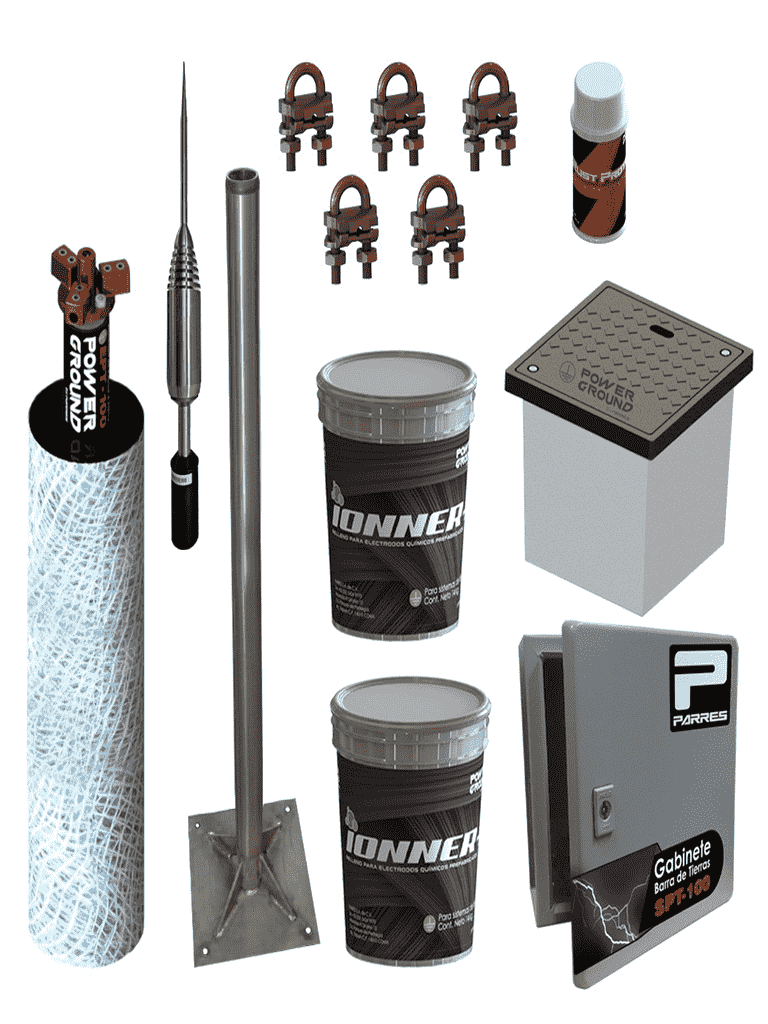 PARRES PLP+ KIT LIGHTNING PROTECTION POWER GROUND + / 1 ELECTRODO POWER GROUND100 + 1 DIPOLO PDC 60 µS + 1 GABINETE SPT-100 + 2 IONNER CHEMICAL + 1 BASE CON MASTIL + 1 REGISTRO POLIMERICO 30X30X30 + 1 SPRAY RUST PROTEC +5 ABRAZADERA
