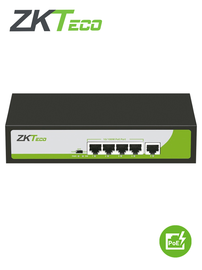 ZKTECO PE04155C - Switch de 4 Puertos Fast Ethernet / 4 Puertos PoE 10/100 / 1 Puerto RJ45 10/100 / Soporta hasta 250mts sobre UTP CAT 6 / Protección Contra Descargas  / NO Administrable