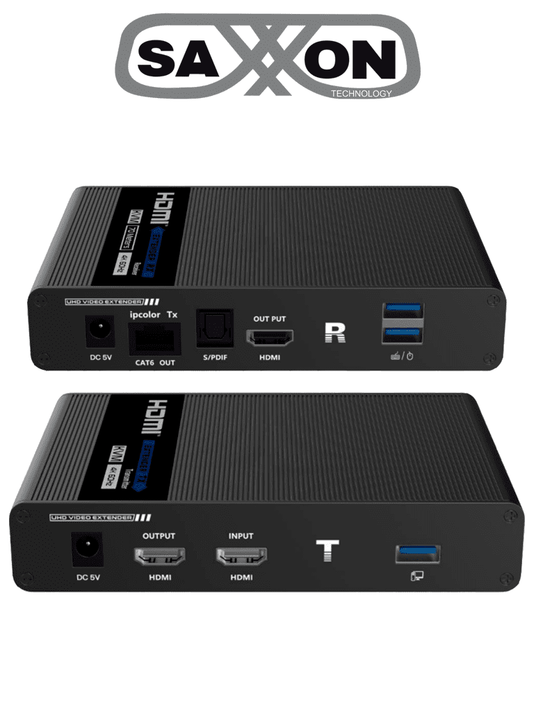 SAXXON LKV676KVM-PI - Kit extensor de video HDMI IPCOLOR/ Resolucion 4K @ 30 Hz/ Hasta 70 metros en 1080P y 40m en 4K con Cat 6/ 6A/ 7/ Cero latencia/ Soporta Teclado Video Mouse/ Soporta HDR/ ARC