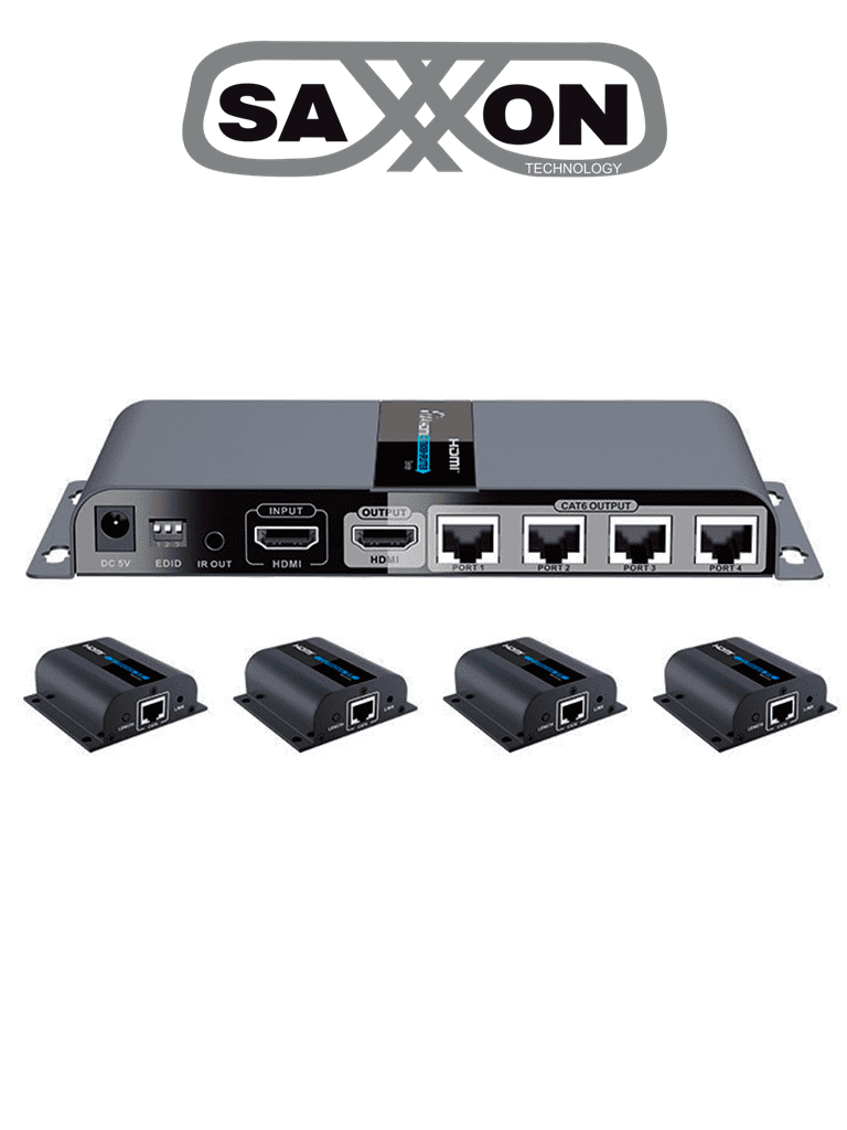 SAXXON LKV714PRO- Kit Extensor HDMI de 4 Puertos/ Resolucion 1080p/ Hasta 40 metros/ Cat 6/ 6A/ 7/ Loop HDMI/ Transmisor IR/ Plug and play 