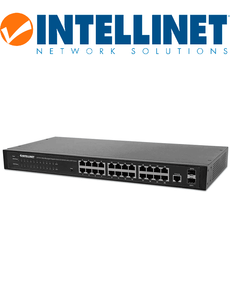 INTELLINET 560917 Switch de 24 Puertos Gigabit Ethernet Administrable por Web con 2 puertos SFP 24 puertos RJ45 10/100/1000 + 2 puertos SFP, IEE 802.3az Ethernet con Eficiencia de Energía, SNMP, QoS, VLAN, ACL, para montaje en rack de 19"