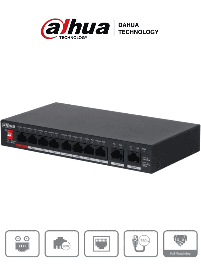 DAHUA PFS3010-8ET-96 - Switch Poe de 10 Puertos Fast Ethernet/ 8 Puertos PoE/ 2 Puertos Uplink 10/100/1000/ 96 Watts Totales/ Soporta PoE Watchdog/ Switching 5.60 Gbps/ Tasa de Reenvio de Paquetes 4.17 Mbps/ 