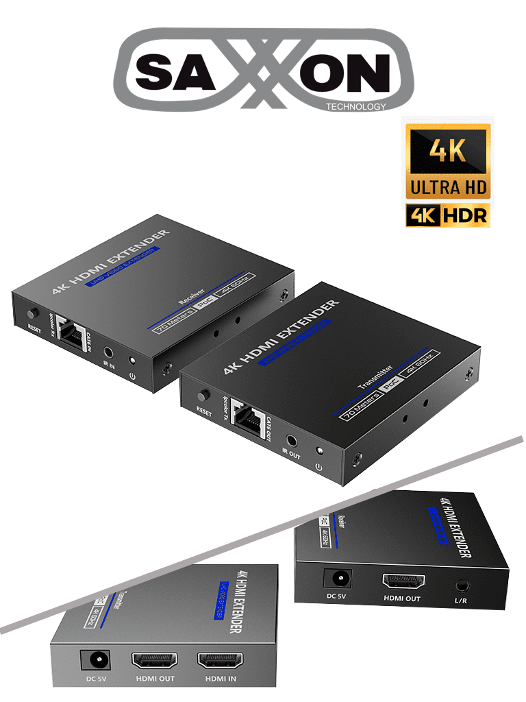 SAXXON LKV565P- Kit extensor HDMI de 2 Puertos/ Hasta 70 metros Con Cable CAT6/ 6A/ 7/ Resolucion 4K @ 60Hz/ Transmisor IR/ Plug and play/ Soporta HDR/ Cero Latencia