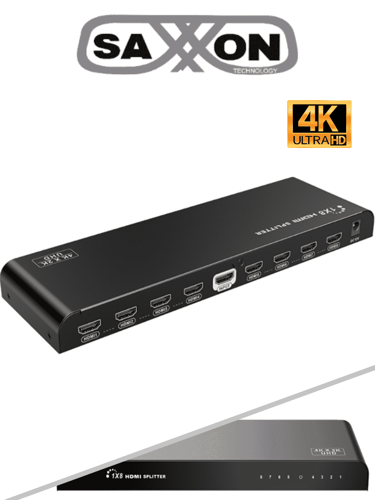 SAXXON LKV318HDR-V2.0 - Divisor de Video HDMI  de 1 Entrada y 8 Salidas/ Soporta Resolución Ultra HD 4K&2K @30 Hz/ Distancia  de 10 Metros en Entrada y Salida/ Switch EDID/ 