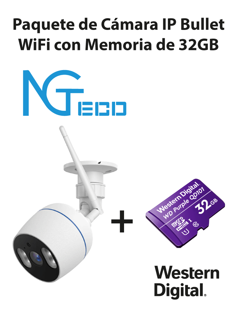 NGTECO NGC501PAK - Paquete de Cámara NGC501 IP Bullet WiFi 1080P con Memoria de 32GB Micro SDHC/ Linea Purple/ Clase 10 U1