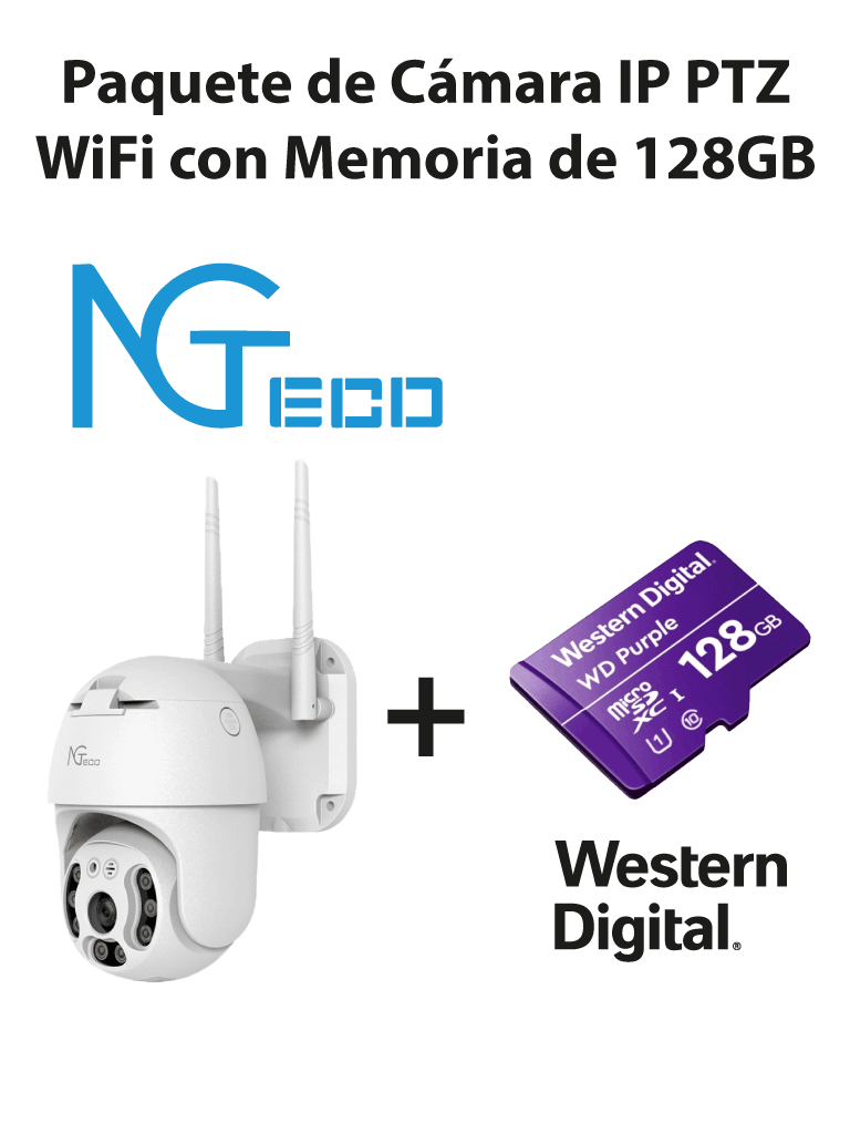 NGTECO NGC4200PAK - Paquete de Cámara NGC4200 IP PTZ WiFi 3MP con Memoria de 128GB Micro SDXC/ Linea Purple/ Clase 10 U1