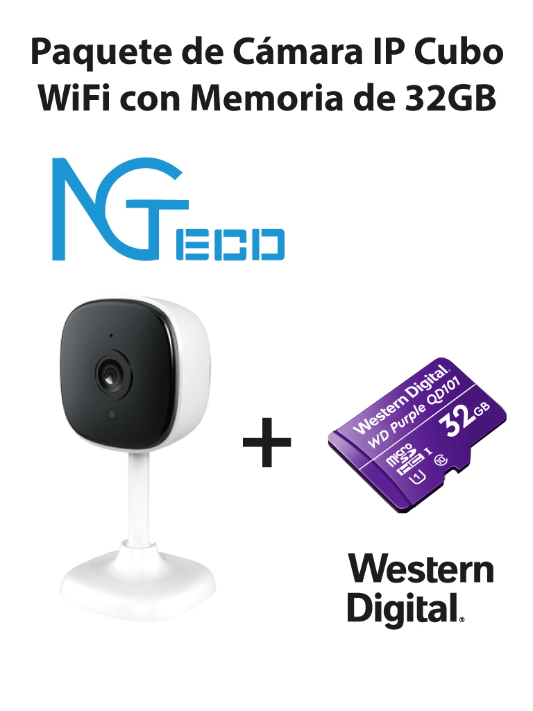 NGTECO NGC1201PAK - Paquete de Cámara NGC1201 IP Cubo WiFi 1080P con Memoria de 32GB Micro SDHC/ Linea Purple/ Clase 10 U1