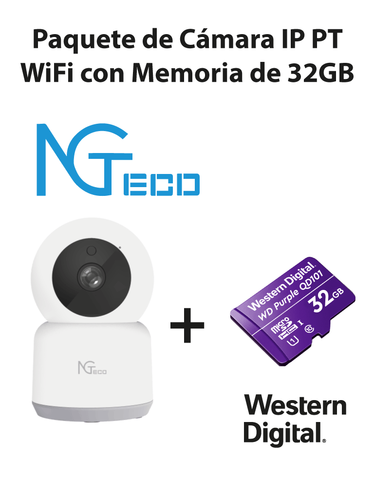 NGTECO NGC2401PAK - Paquete de Cámara NGC2401 IP PT WiFi 1080P con Memoria de 32GB Micro SDHC/ Linea Purple/ Clase 10 U1