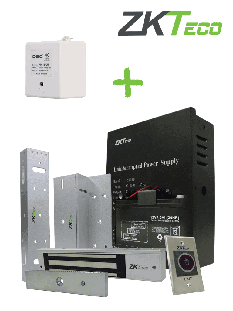 ZKTECO ACAKIT - Kit de accesorios de control de acceso / 1 Boton de salida / 1 Cerradura electromagnética / 1 Fuente de alimentación ininterrumpida / 1 Bateria de respaldo / 1 soporte