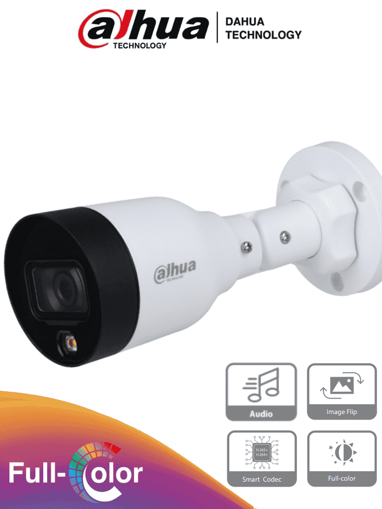 DAHUA IPC-HFW1239S1-A-LED-S5 - Camara IP Bullet Full Color de 2 Megapixeles/ Lente de 2.8mm/ 102 Grados de Apertura/ Microfono Integrado/ H.265+/ 15 Metros de Luz Visible/ IP67/ PoE/ DWDR/ #LoNuevo