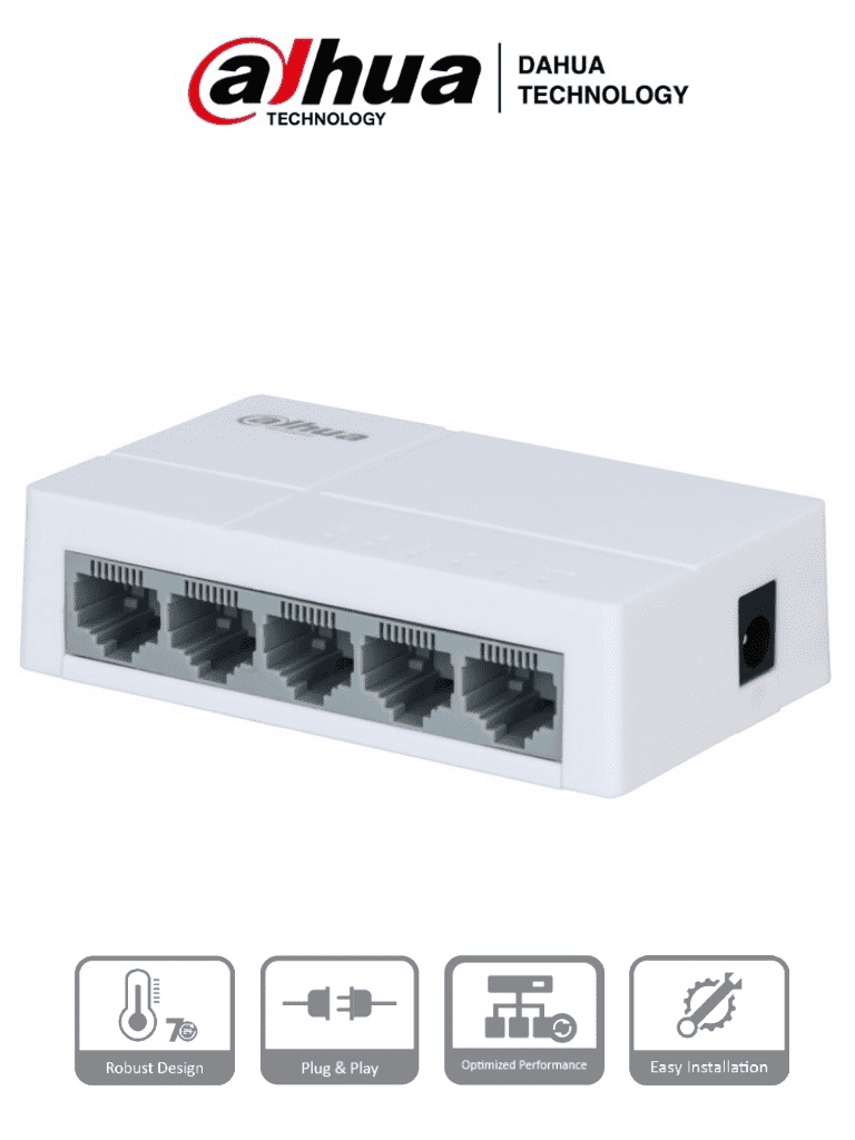 DAHUA PFS3005-5ET-L - Switch para Escritorio 5 Puertos/ Fast Ethernet 10/100/ Diseño Compacto/ Capa 2/ Switching 1 Gbps/ Velocidad de Reenvio de Paquetes 0.744 Mbps/