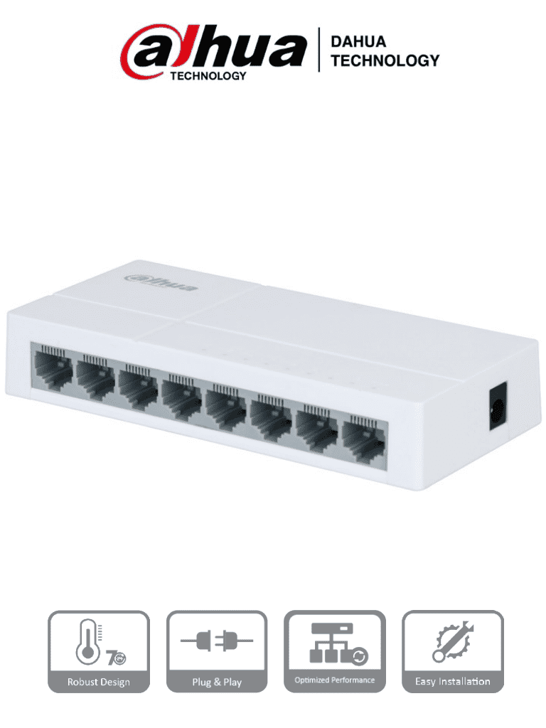 DAHUA DH-PFS3008-8ET-L - Switch para Escritorio de 8 Puertos Fast Ethernet/ 10/100/ Diseño Compacto/ Capa 2/ switching 1.6 Gbps/ Velocidad de Reenvio de Paqutes 1.19 Mbps/