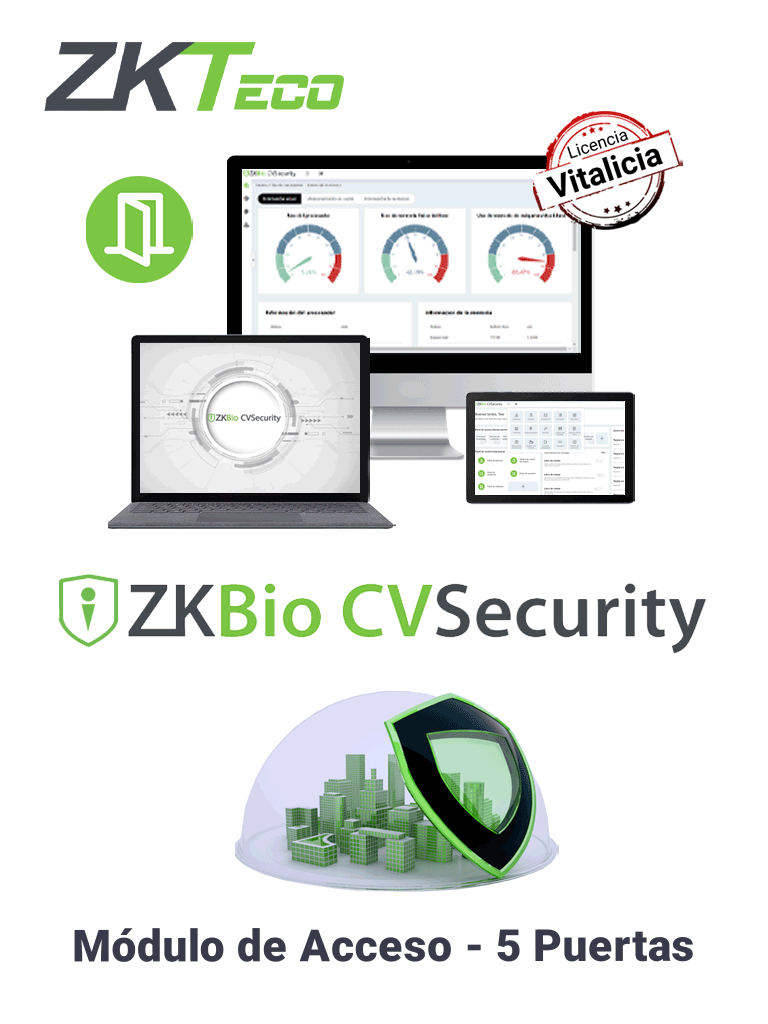 ZKTECO ZKBIOCVACP5 - Licencia Vitalicia para 5 Puertas en Control de Acceso BioCVSecurity / Hasta 30 000 Usuarios / 200 Departamentos / 200 Áreas