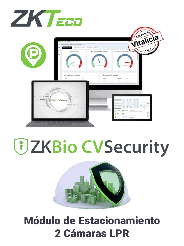 ZKTECO ZKCVPARKLPR2 - Modulo Vitalicio de acceso por placas vehiculares para BioCVSecurity / 10 000 Usuarios / 1000 Áreas / 1000 Departamentos / Soporta 2 Cámaras LPR