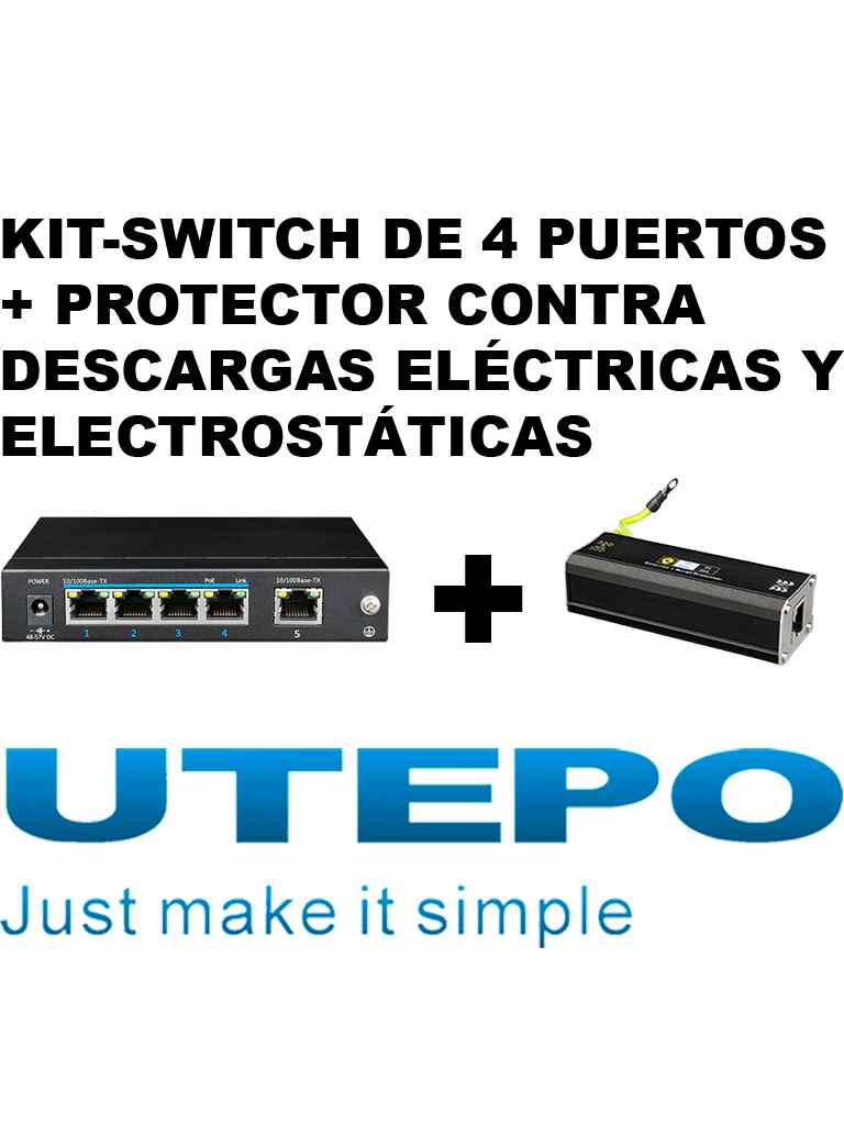 KIT- Switch UTEPO con protector contra descargas eléctricas y electrostáticas/ Switch PoE de 5 Puertos Fast Ethernet/ 4 Puertos PoE/ 60 Watts Totales/802.3af & at/ No administrable/Protector de descargas eléctricas y electrostáticas para equipos de red