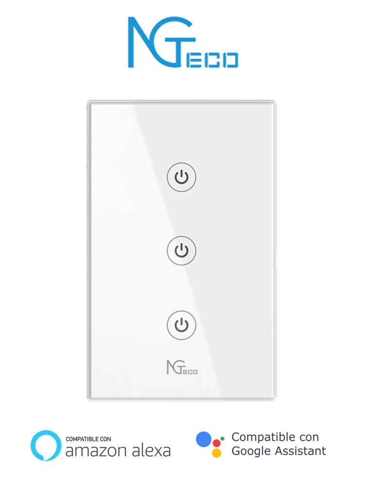 NGTECO NGS103 - Apagador Inteligente WiFi 3 Botones Touch / Control Remoto vía App / Control por Voz / Temporizador / Panel Táctil de Alta Sensibilidad / WiFI 2.4 GHz / Se requiere Cable Neutro / Compatible con Alexa y Asistente de Google