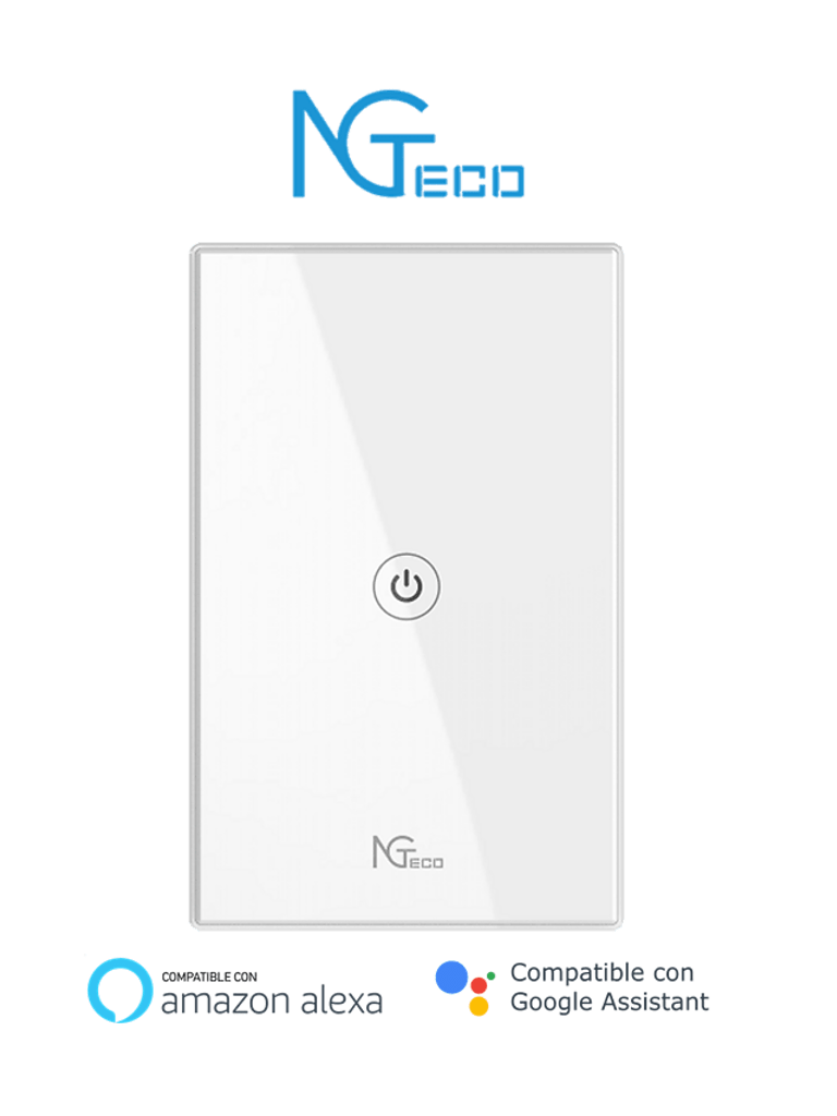 NGTECO NGS101 - Apagador Inteligente WiFi 1 Botón Touch / Control Remoto vía App / Control por Voz / Temporizador / Panel Táctil de Alta Sensibilidad / Frecuencia WiFI 2.4 GHz / Carga Máxima 10 Amperes / Compatible con Alexa y Asistente de Google