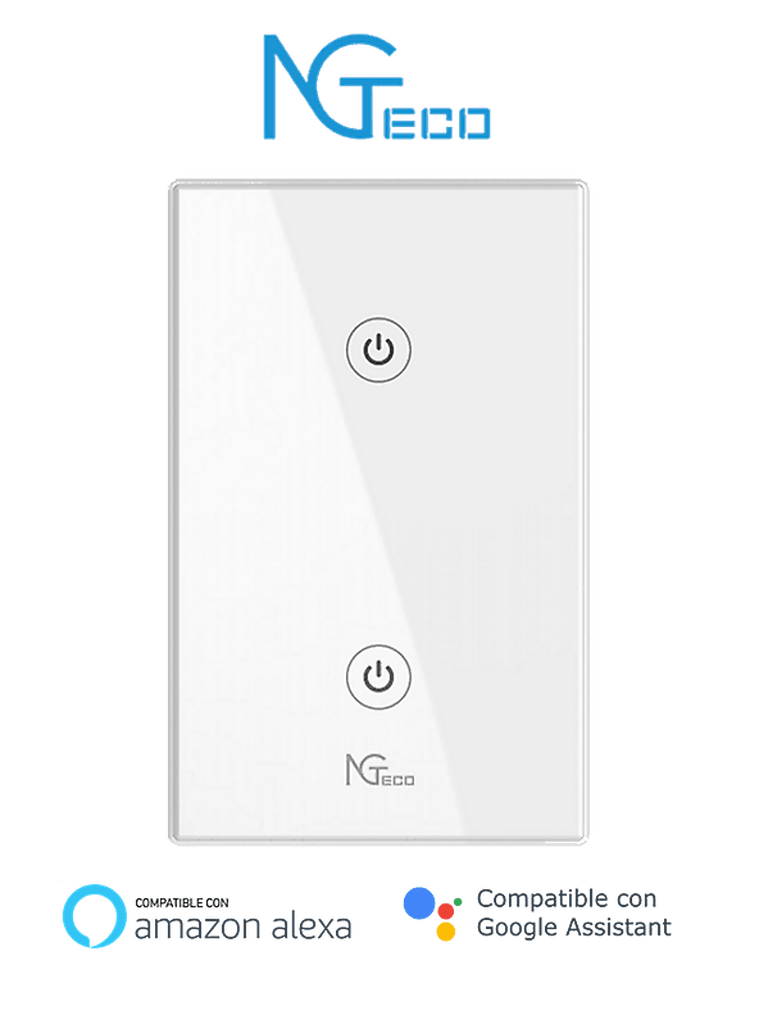 NGTECO NGS102 - Apagador Inteligente WiFi 2 Botones Touch / Control Remoto vía App / Control por Voz / Temporizador / Panel Táctil de Alta Sensibilidad / Frecuencia WiFI 2.4 GHz / Carga Máxima 10 Amperes / Compatible con Alexa y Asistente de Google
