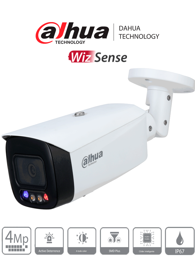 DAHUA IPC-HFW3449T1-AS-PV Cámara IP Bullet Smart Dual Illumination/ TiOC/ WizSense/ Disuasión Activa/ / 4MP/ 30 Metros de IR y Luz Visible/ Sirena y Estrobo Azul y Rojo/ SMD 4.0/ Ranura Micro SD/ E&S de Alarma y Audio/ IP67.