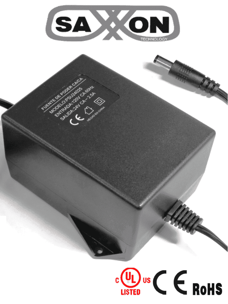 SAXXON PSU24025 - Fuente de Poder de 24 Vca a 2.5 Amperes/ Cable de 2.5 Metros/ Entrada 110 Vca/ Protección contra Sobre Cargas/ 