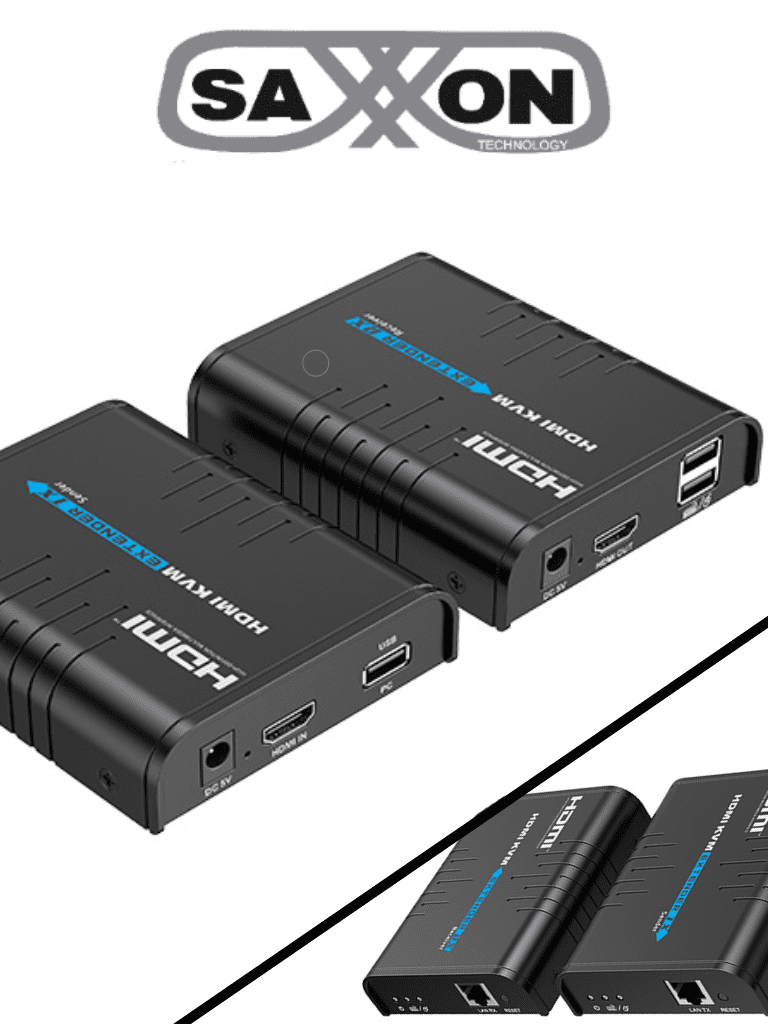 SAXXON LKV373KVM- Kit Extensor HDMI/KVM para Hasta 120 metros/ Resolución 1080p@60Hz/  Soporta Cableado con CAT 5e y 6/ 30 HZ/ 2 Puertos USB para Conectar Teclado y/o Mouse/ 5 VCD/ Plug and Play/ Punto a Punto o Punto Multipunto con Switch/