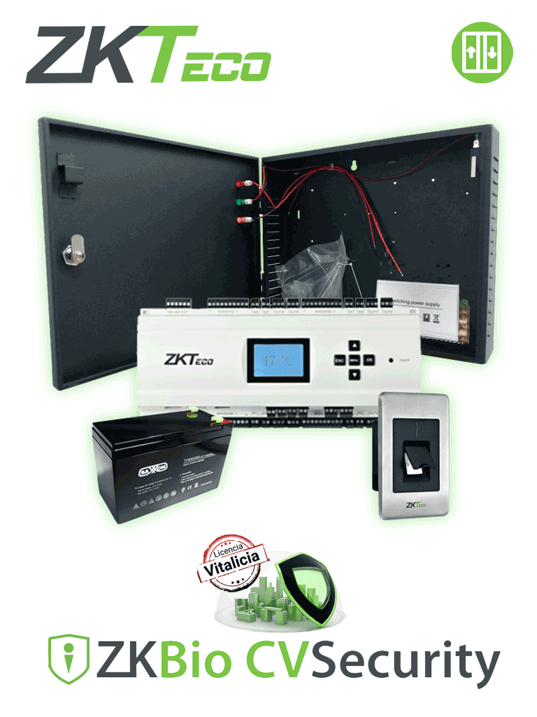 ZKTECO KITEC10 - Solución para Elevadores hasta 10 Pisos / Incluye 1 Panel EC10 / Licencia / Lector de Huella y Tarjetas ID / Gabinete y Fuente con Batería